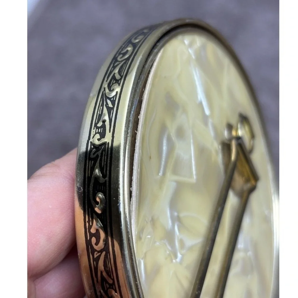 Vintage Japan Folding Vanity Mirror Gold Tone Faux Mother of Pearl Travel Stand